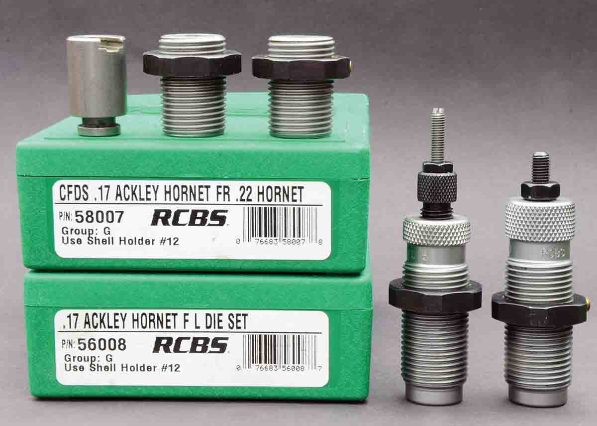 The RCBS .17 Ackley Hornet form die set comes with two dies and an extended shell holder. Full-length resizing and bullet seating dies are also needed.
